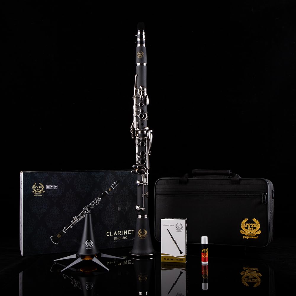 Rhythm Bb Clarinet 17 Nickel Keys Woodwind Band & Orchestra Musical Instruments for Beginners Includes Case, Stand, 10 Reeds and